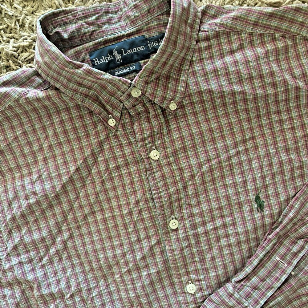 Mens Ralph Lauren Size Large Collared Dress Shirt Plaid Colorful Polo Logo 16.5